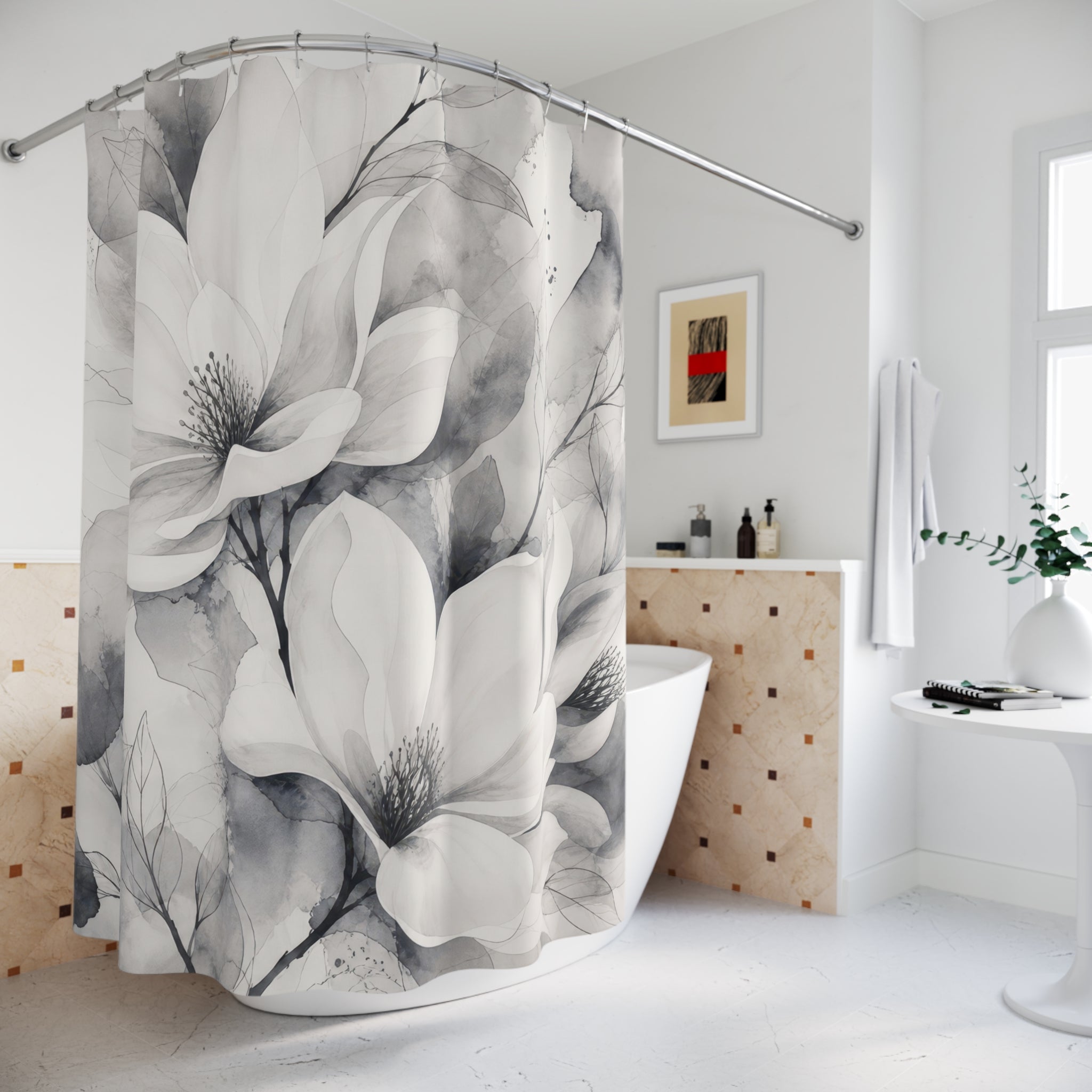 White Magnolia Grey Shower Curtain
