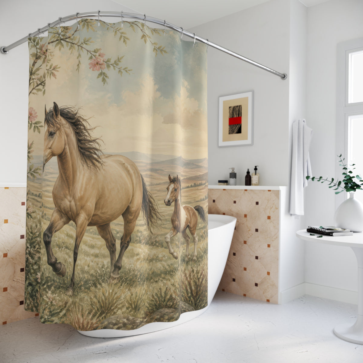 Wild mare and pinto colt crossing a rose-framed meadow shower curtain beside a freestanding tub
