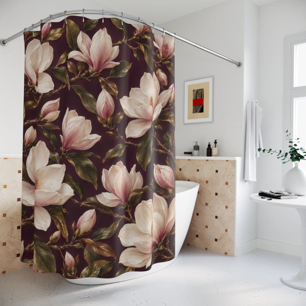 Cream magnolias and olive leaves on wine plum shower curtain beside a freestanding tub