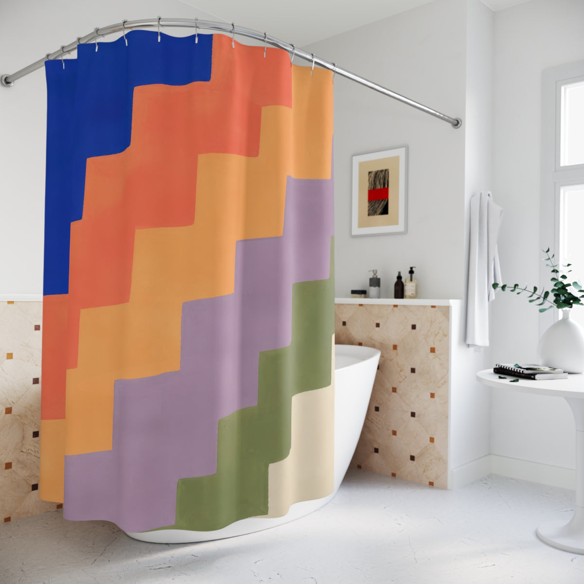Cobalt coral and lilac stepped color bands shower curtain beside a freestanding tub