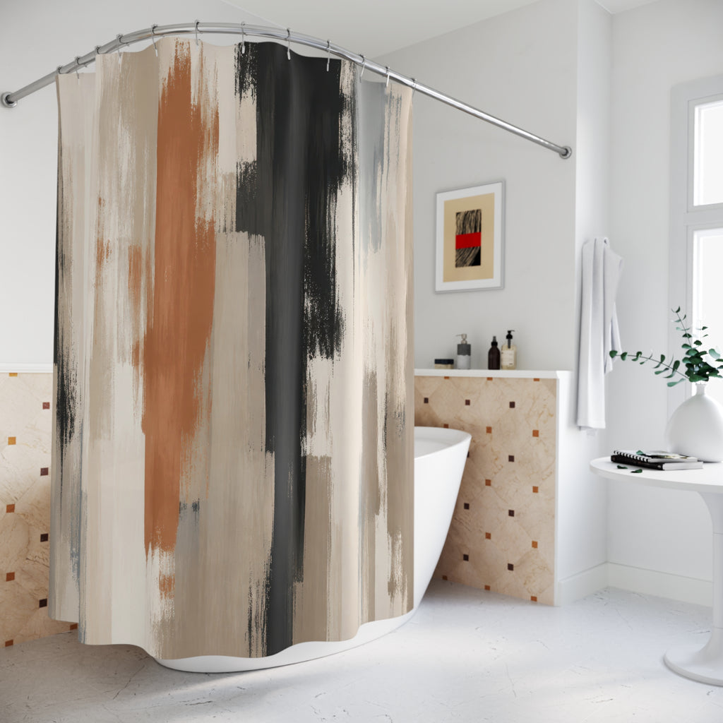 Black Beige Rust Brushstroke Stripe Shower Curtain