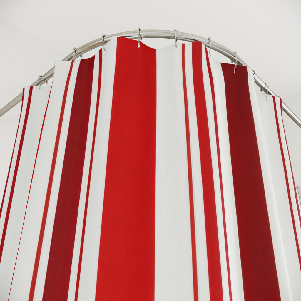 Red and White Striped Shower Curtain, Cabana Stripe Bath Decor, Bold Vertical Stripe Pattern, Classic Guest Bathroom, Tailored Red Bath