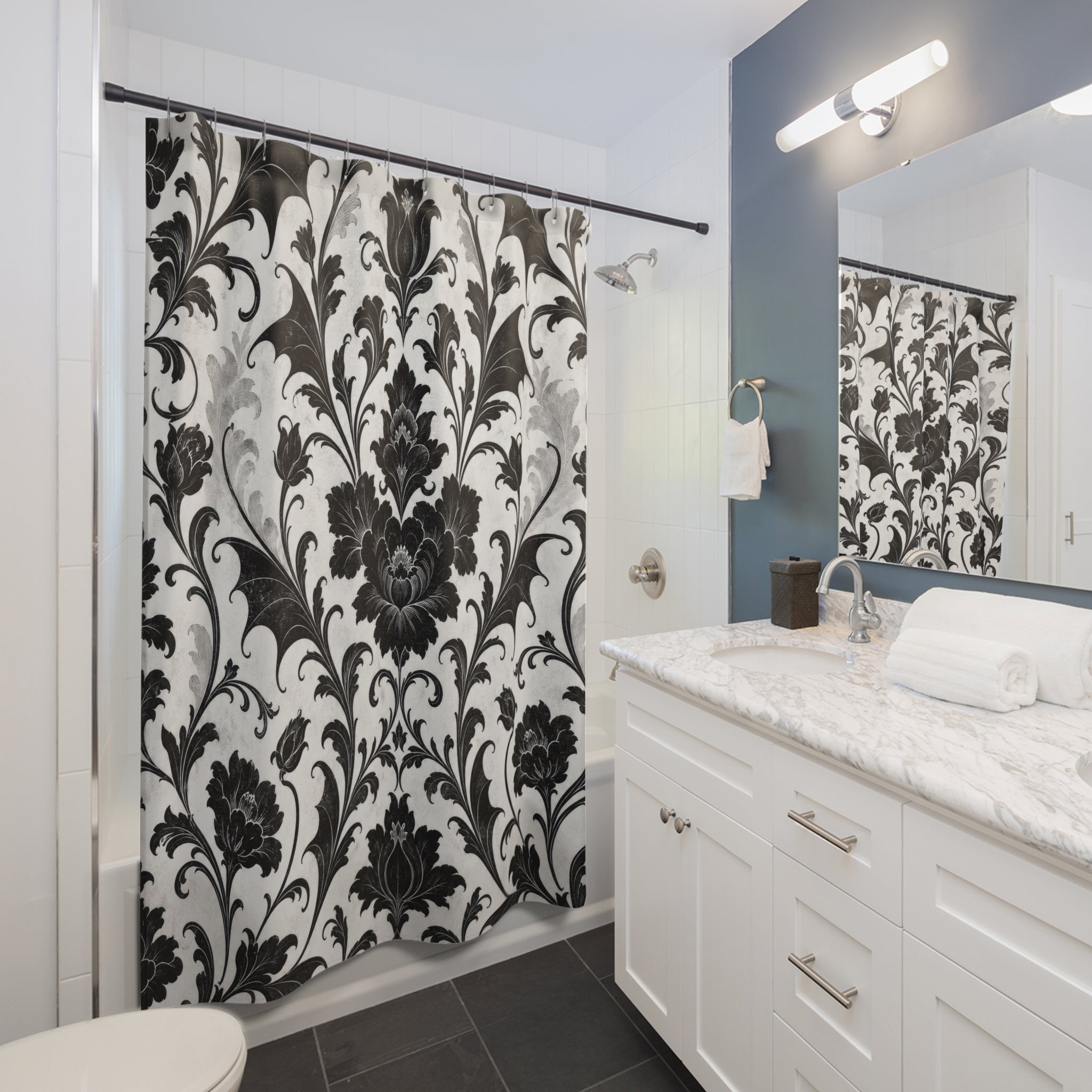 Black White Damask Floral Botanical Acanthus Scroll Shower Curtain