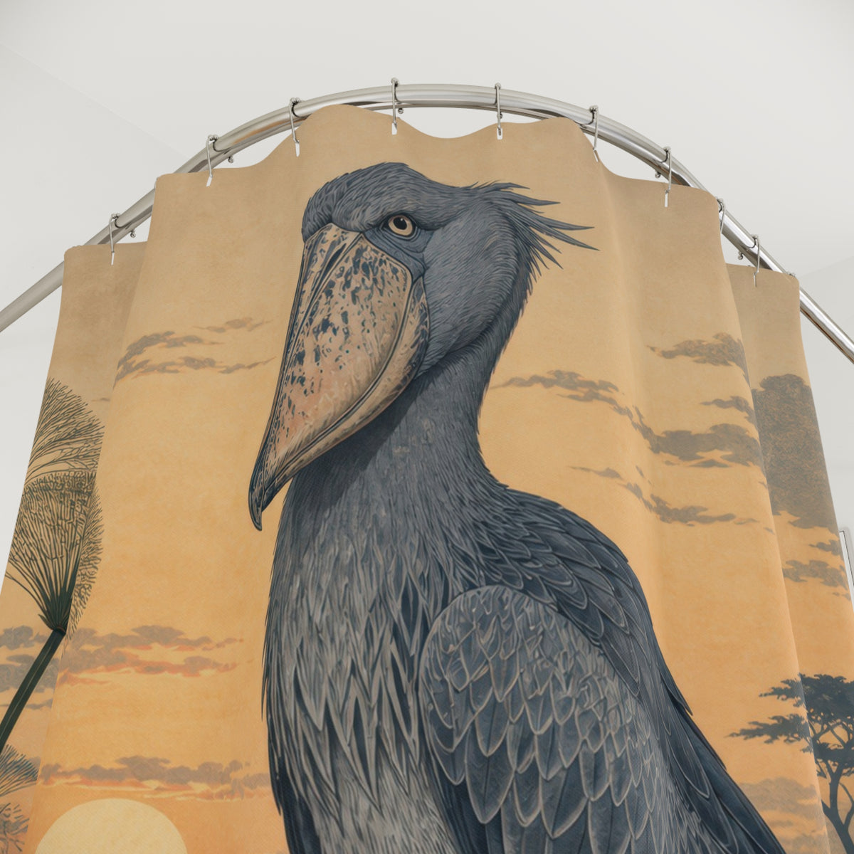 Shoebill animal standing above papyrus in a misty marsh shower curtain with close-up print, hooks, and folds