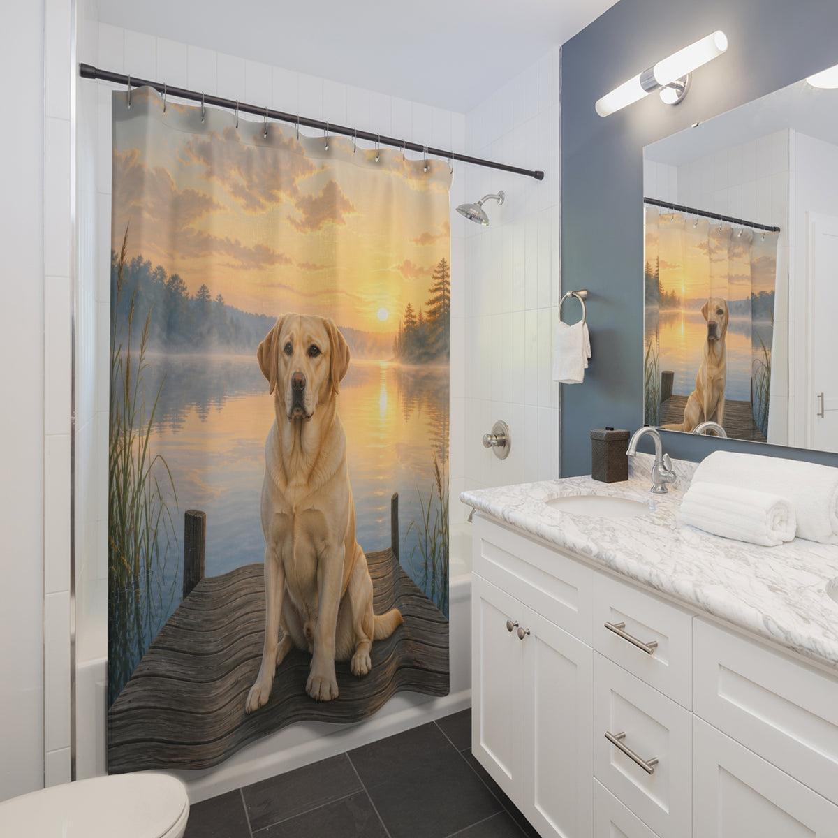 Yellow Labrador seated on a lake dock at sunrise shower curtain beside a white vanity