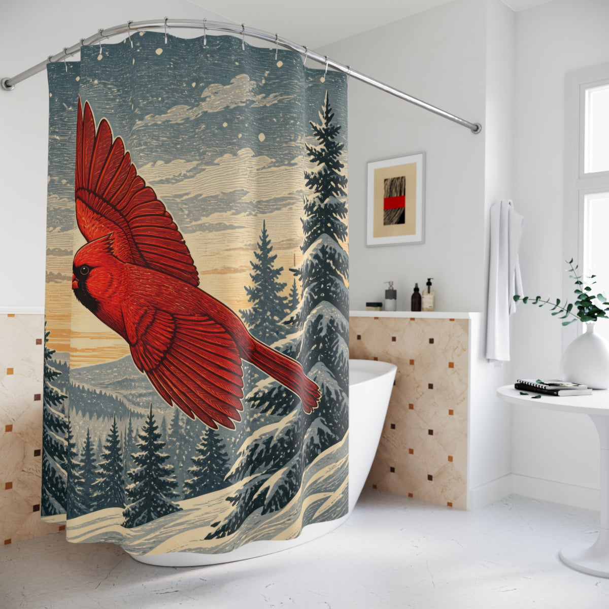 Red cardinal flying above snowy pines shower curtain beside a freestanding tub