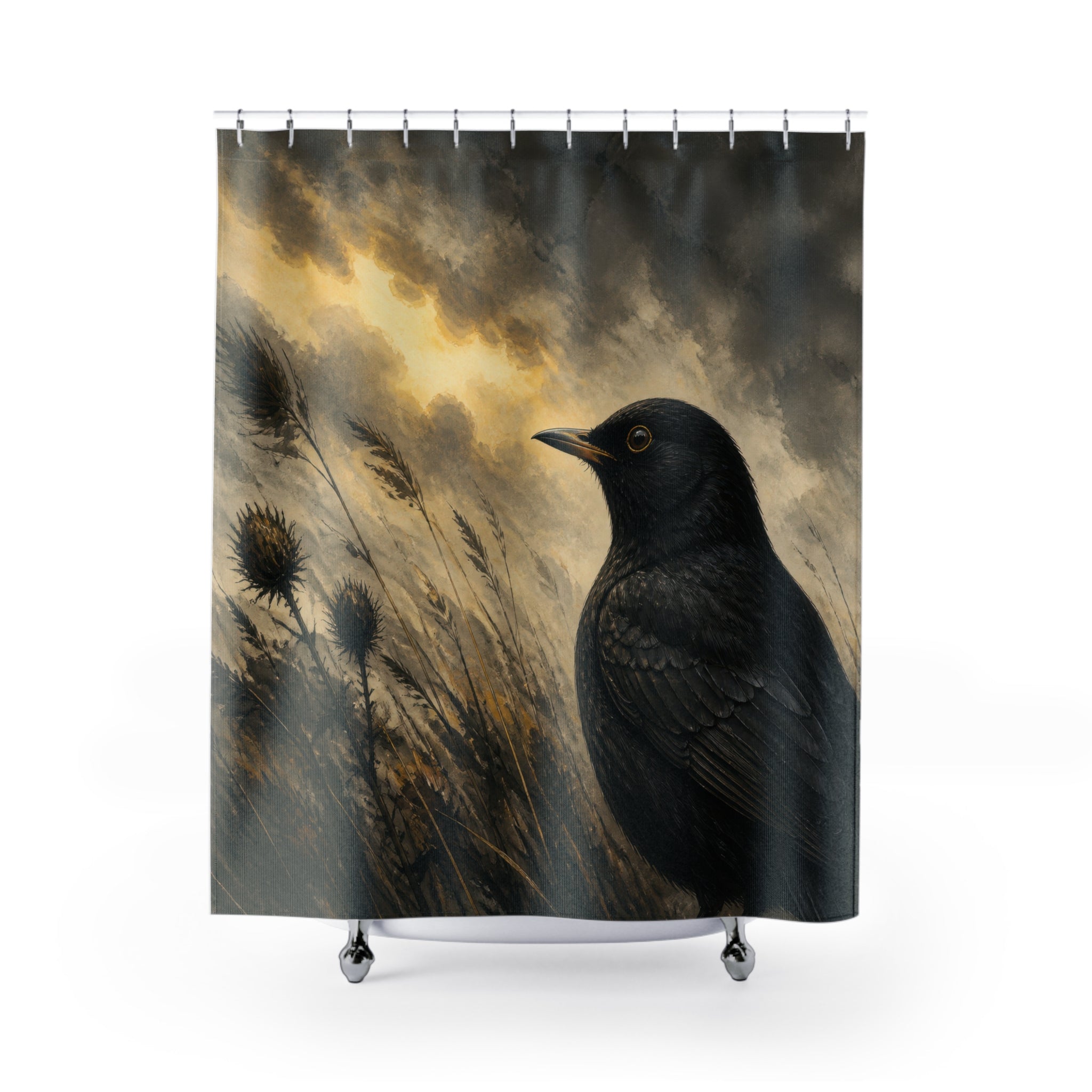 Blackbird portrait in windswept thistles under a golden storm shower curtain with full front view