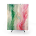 Green and pink sweeping ribbon color field shower curtain with full front view
