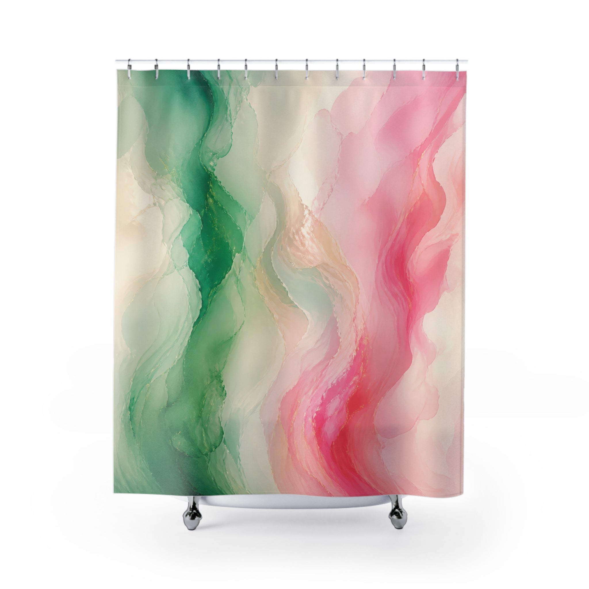 Green and pink sweeping ribbon color field shower curtain with full front view