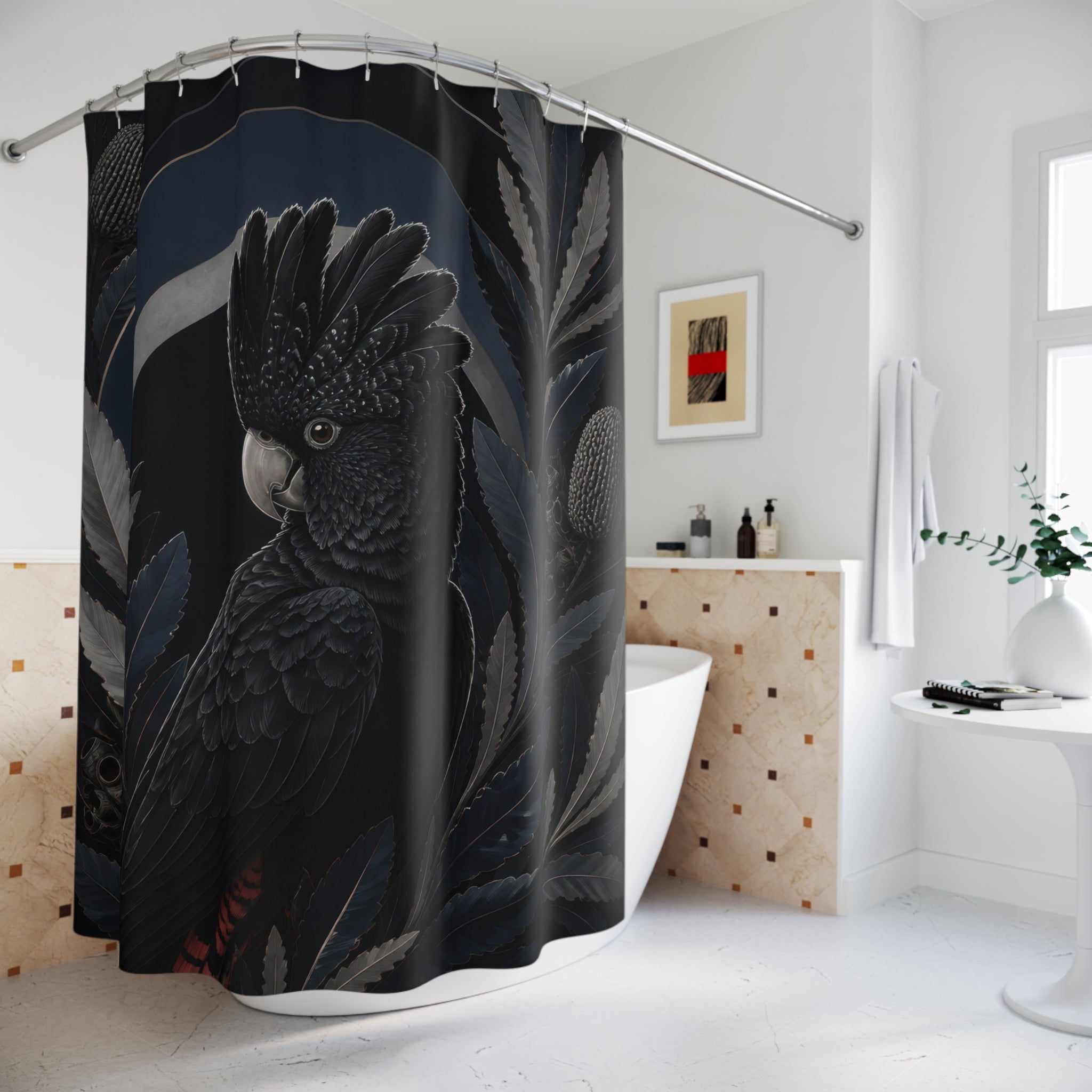 Red tailed black cockatoo framed by moonlit banksia foliage shower curtain styled beside a freestanding tub