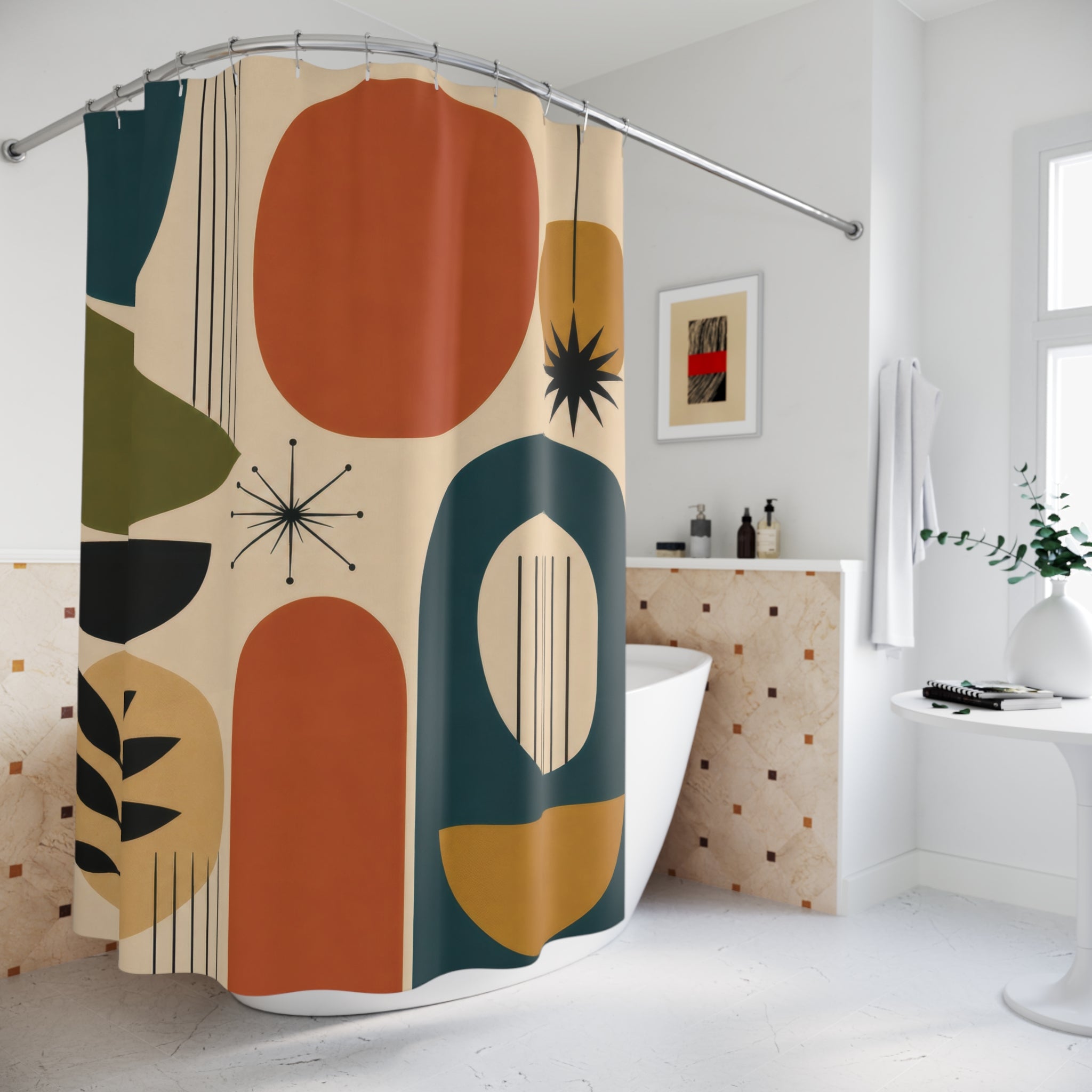 Mid Century Geometric Shower Curtain — Teal Mustard