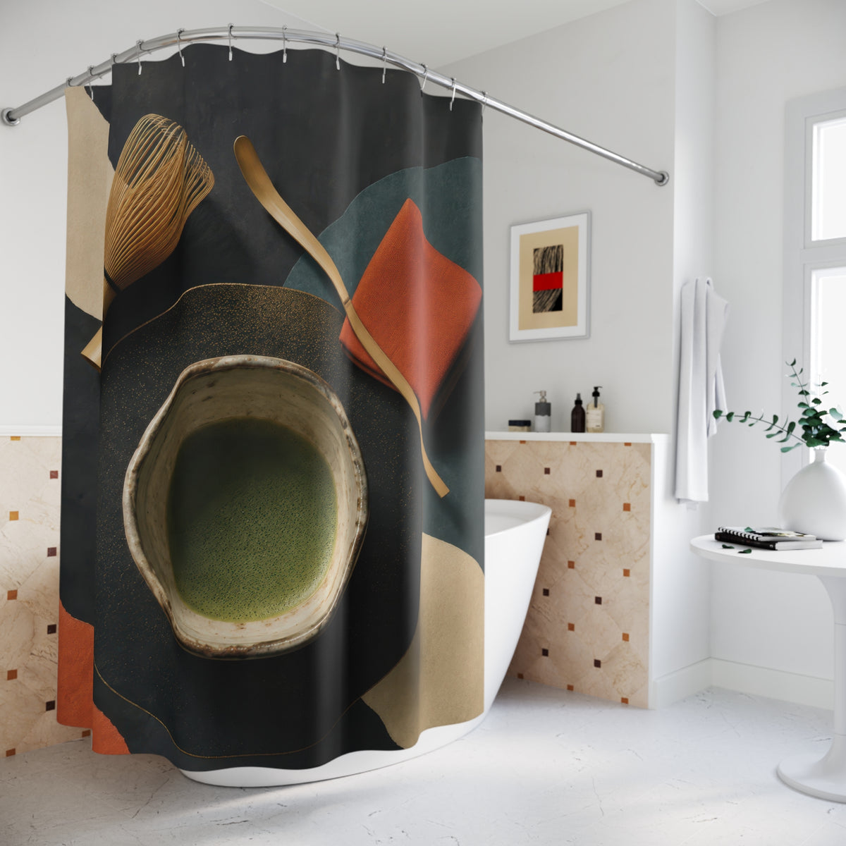 Japanese matcha tea ceremony still life with camellia on tatami shower curtain beside a freestanding tub