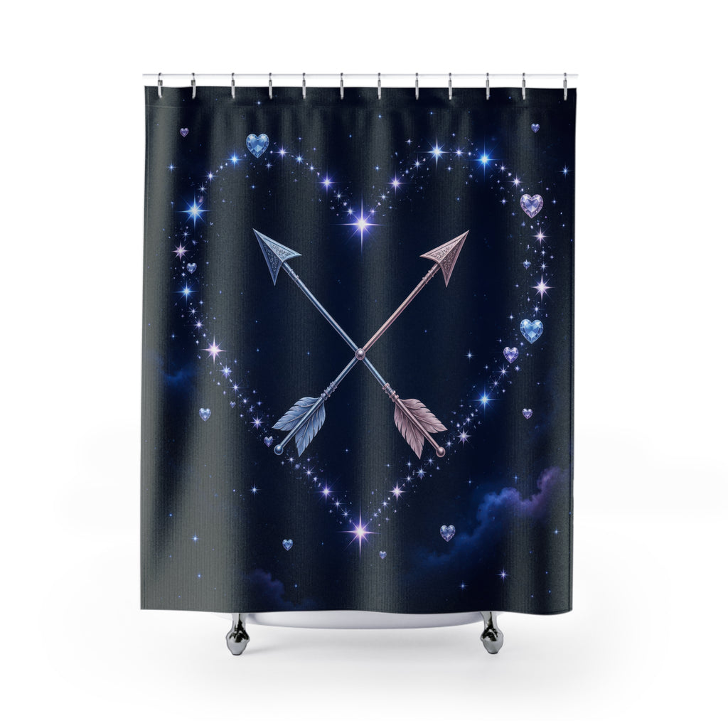 Heart constellation with crossed arrows in navy sky shower curtain with full front view