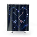Heart constellation with crossed arrows in navy sky shower curtain with full front view