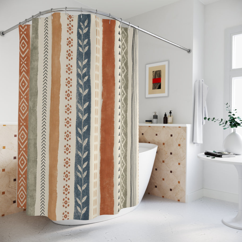 Terracotta Sage Blue Geometric Stripe Shower Curtain