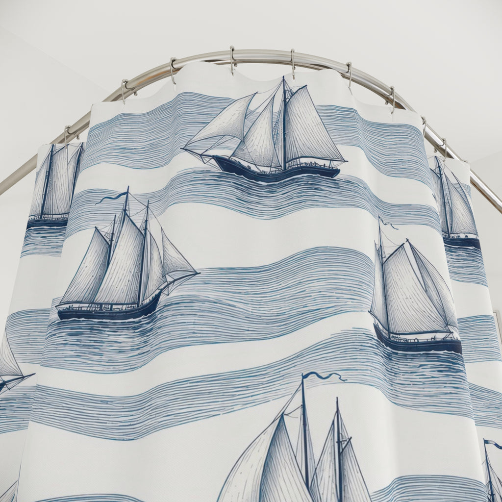 Navy sailboats on wavy blue water lines and white shower curtain with close-up print, hooks, and folds