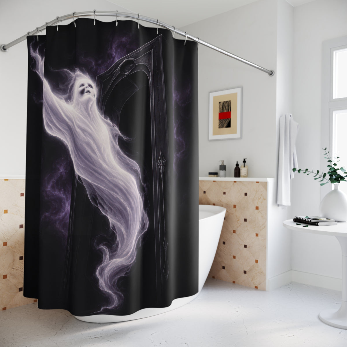 Pearl white ghost emerging from a black threshold shower curtain beside a freestanding tub