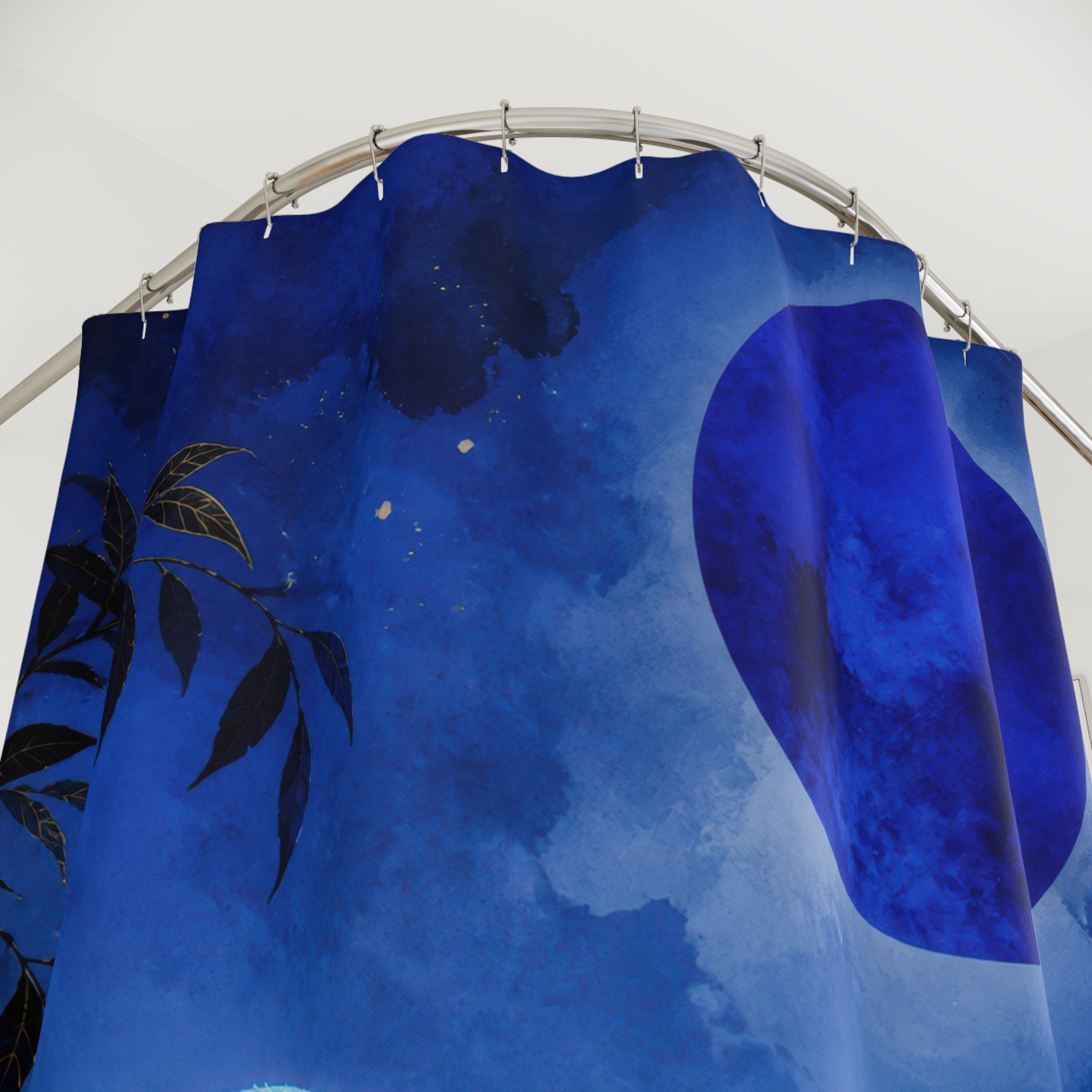 Cobalt moonlit jungle leopard shower curtain with close-up print, hooks, and folds