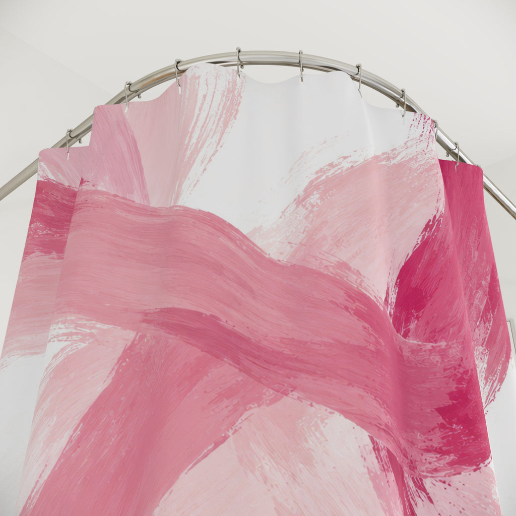 Sweeping rose and blush brushstrokes across white shower curtain with close-up print, hooks, and folds