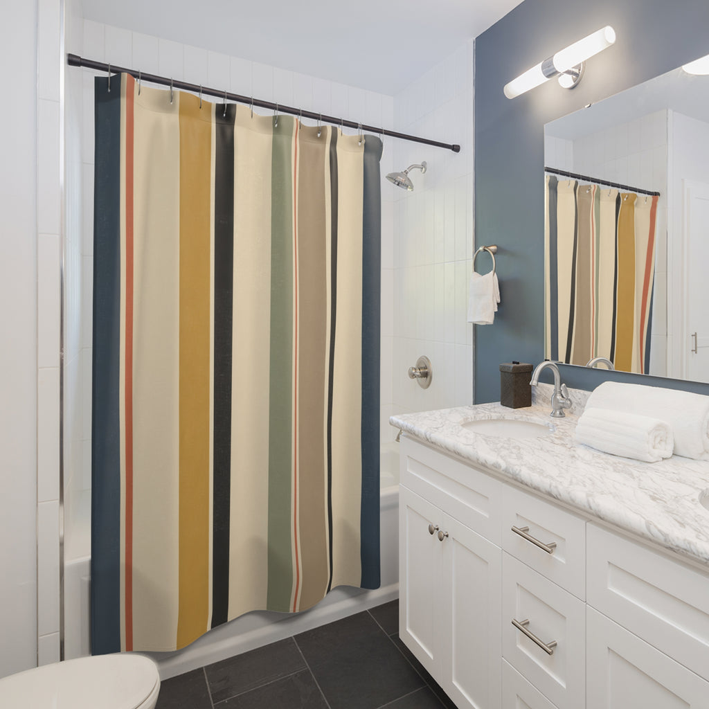 Blue Mustard Olive Vertical Stripe Shower Curtain