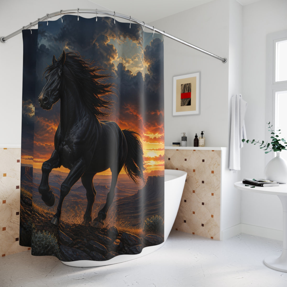 Black wild horse running across a storm-lit mesa ridge shower curtain beside a freestanding tub