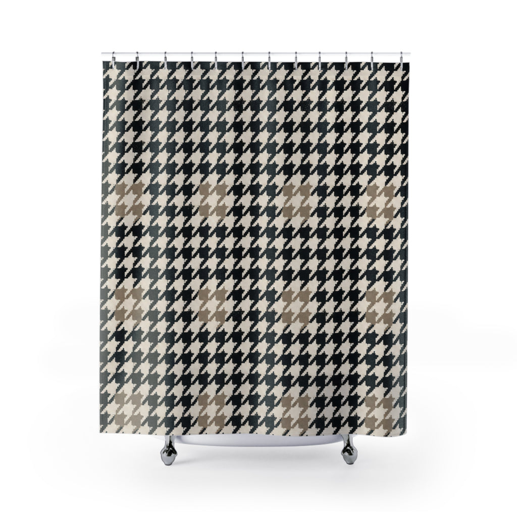 Black Houndstooth Shower Curtain, Classic Check Bath Decor, Warm Off White Geometric Pattern, Modern Neutral Guest Bathroom Style Decor