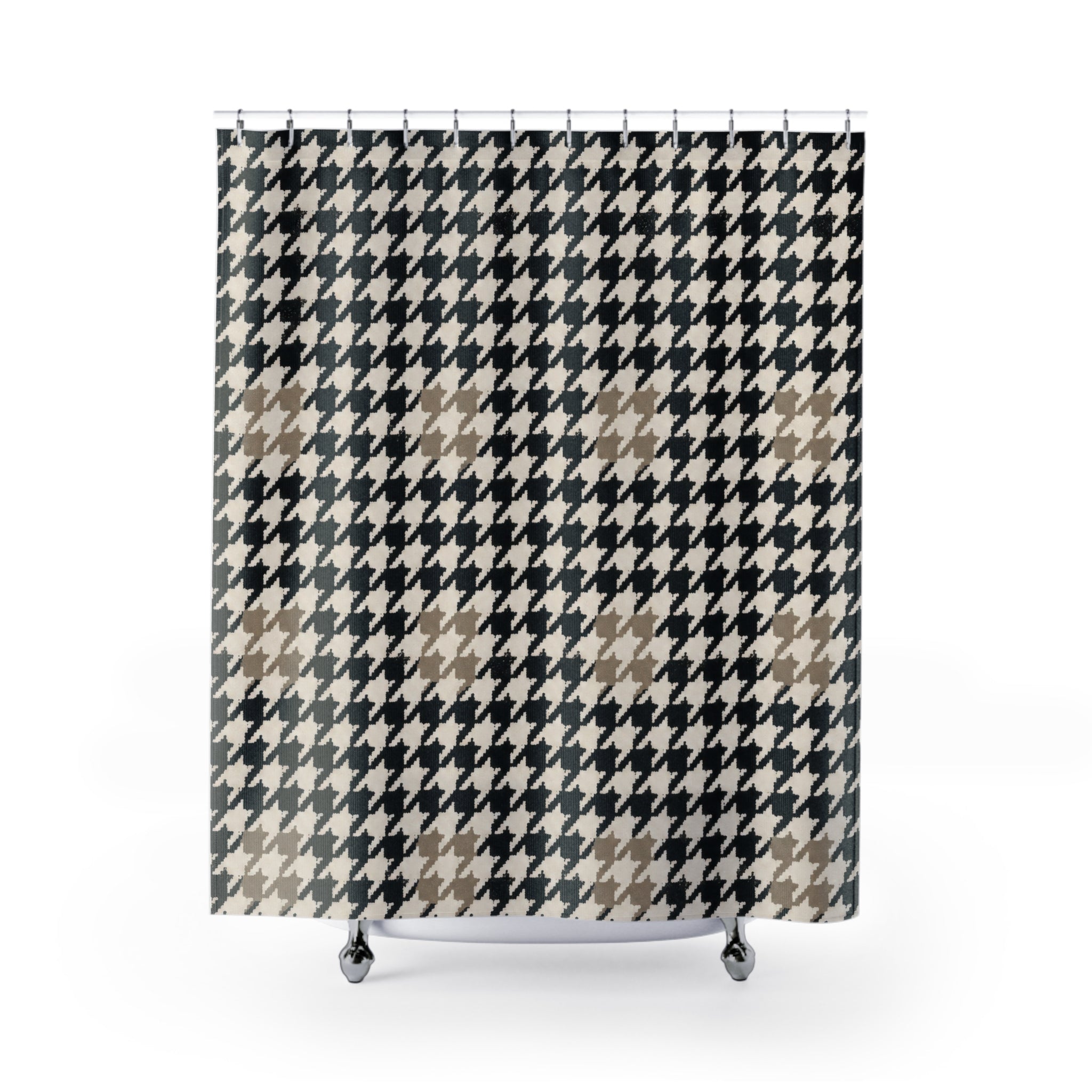 Black Houndstooth Shower Curtain, Classic Check Bath Decor, Warm Off White Geometric Pattern, Modern Neutral Guest Bathroom Style Decor