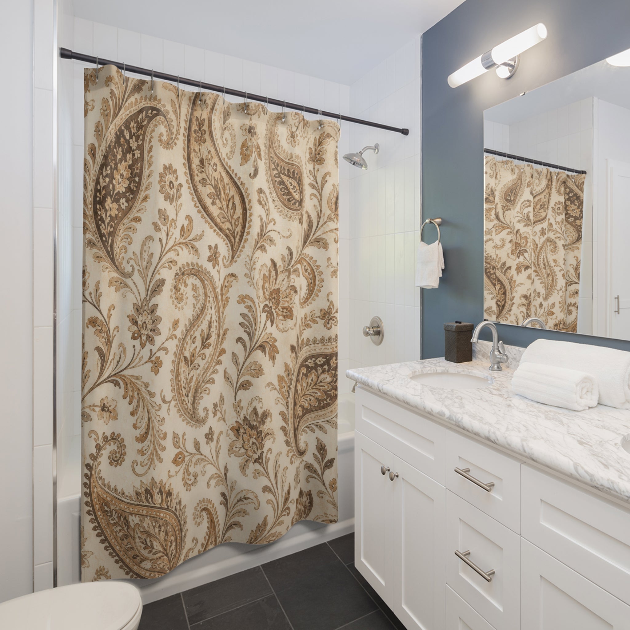 Brown Beige Botanical Scroll Shower Curtain