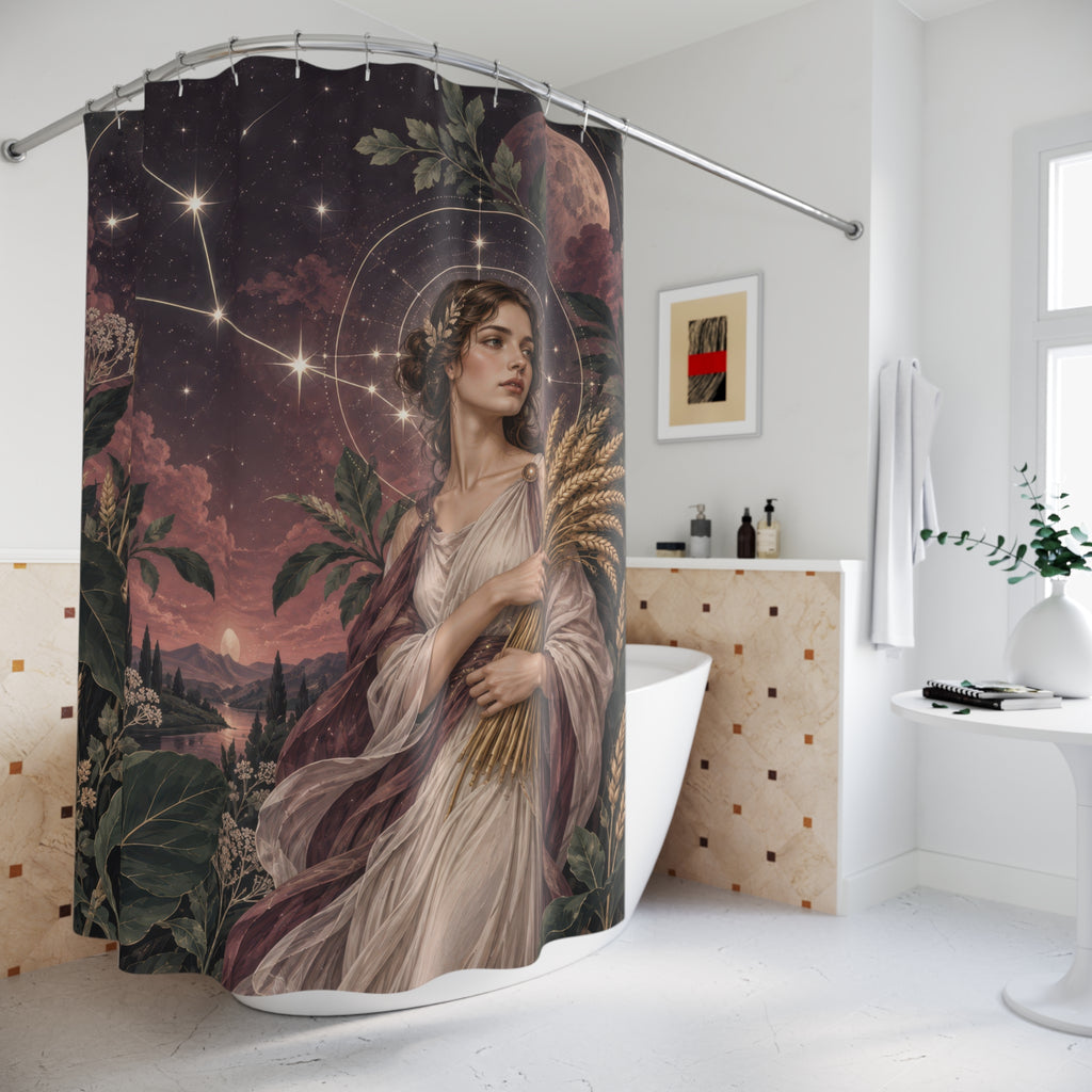 Virgo harvest maiden beside a moonlit river shower curtain beside a freestanding tub