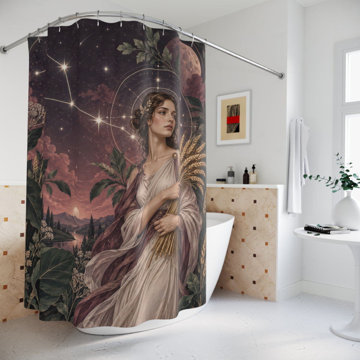 Virgo harvest maiden beside a moonlit river shower curtain beside a freestanding tub