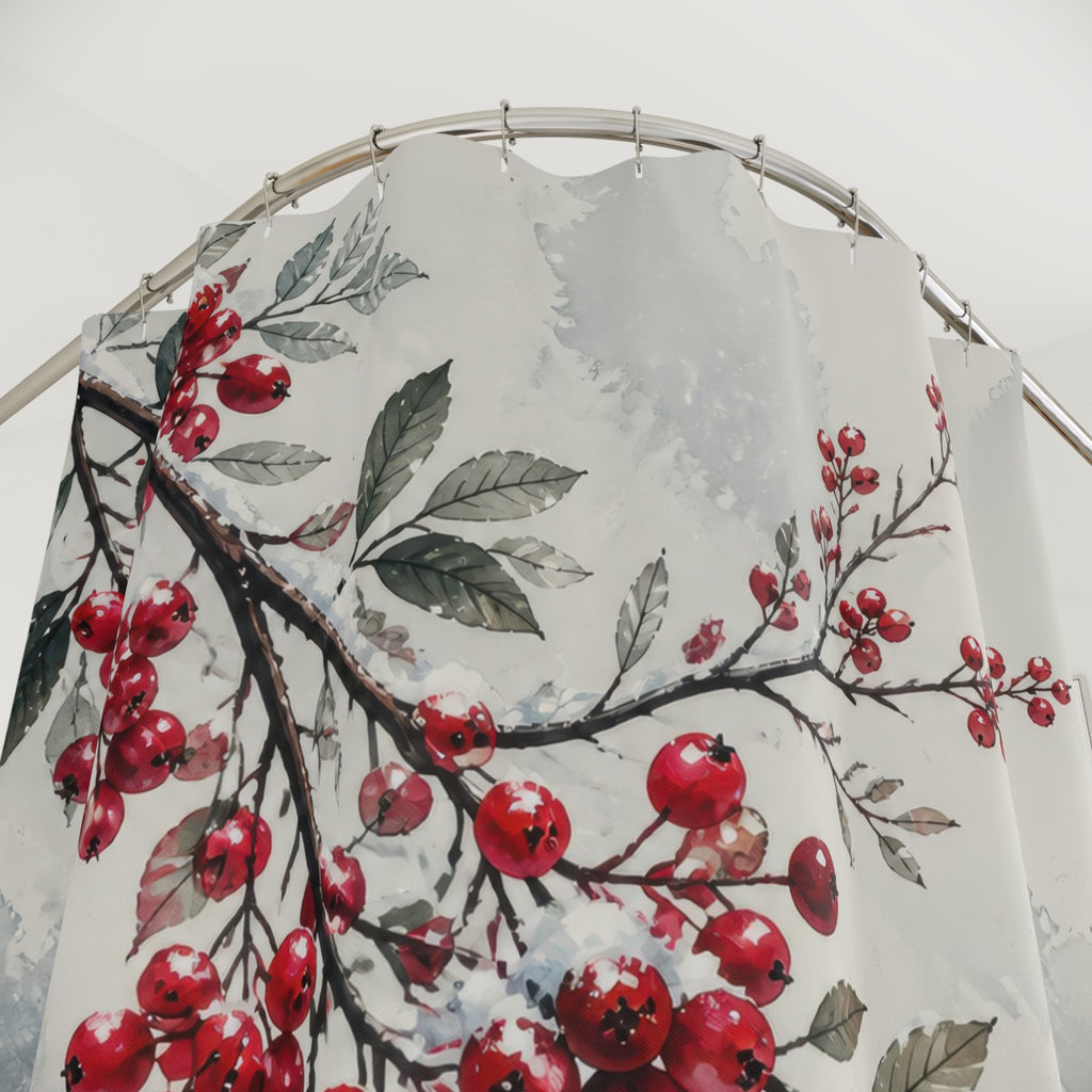 Snowy red winter berry branches in watercolor shower curtain with close-up print, hooks, and folds
