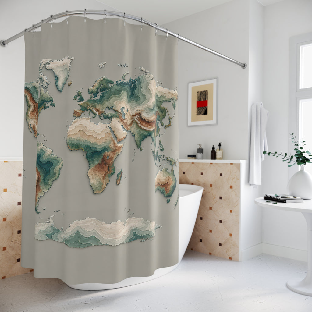 Teal and cream world map with shaded contour bands shower curtain beside a freestanding tub