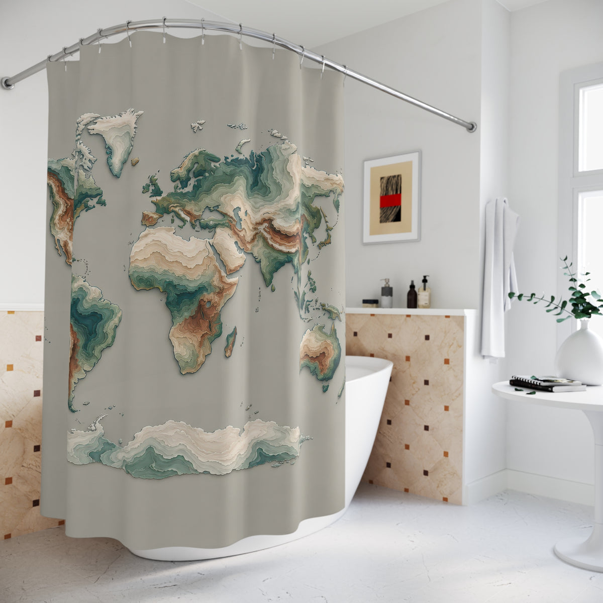 Teal and cream world map with shaded contour bands shower curtain beside a freestanding tub