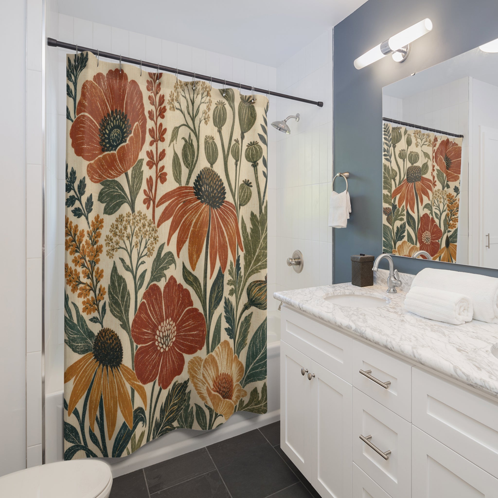 Boho Wildflower Shower Curtain – Terracotta and Sage