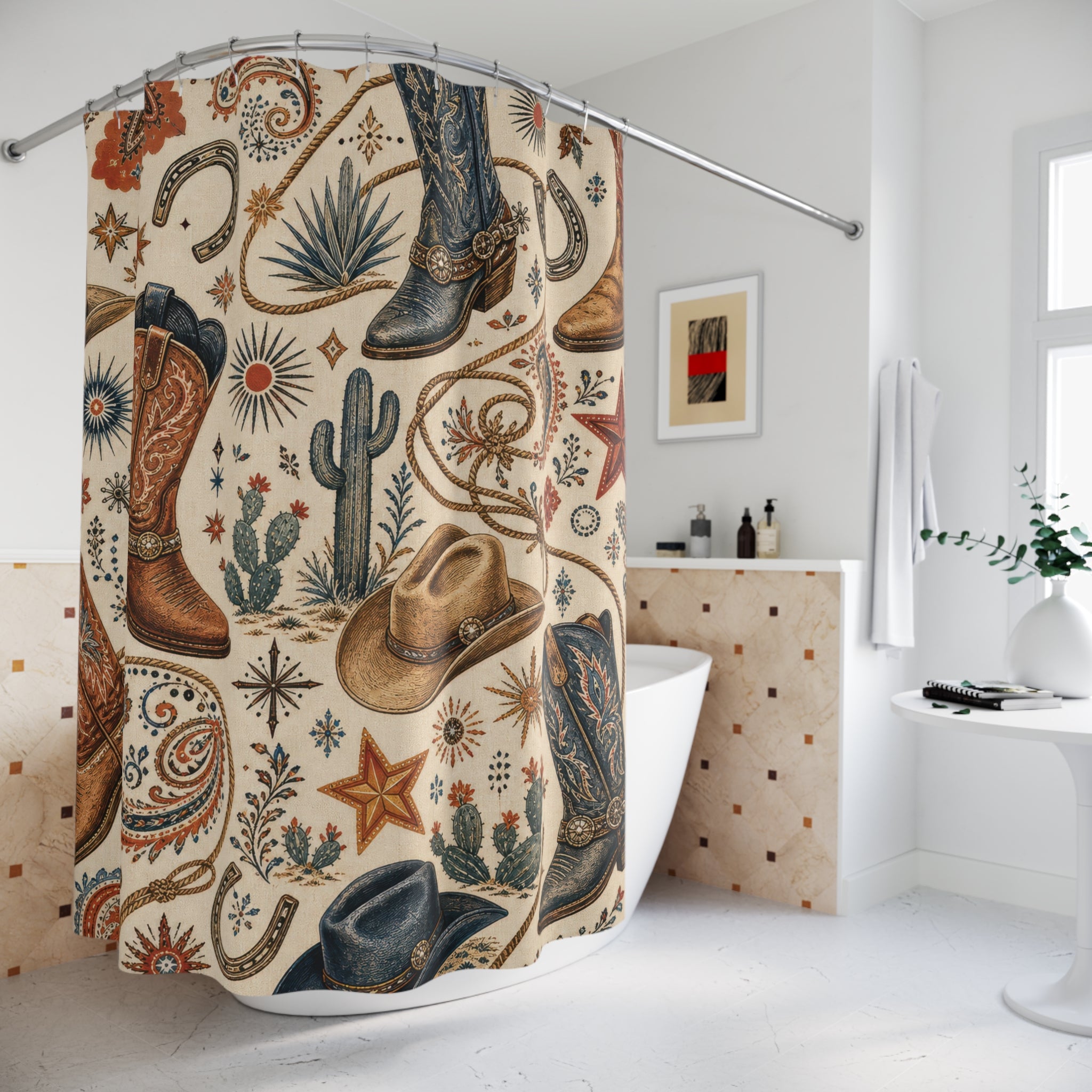 Cowboy Shower Curtain: Western Paisley Boot Pattern