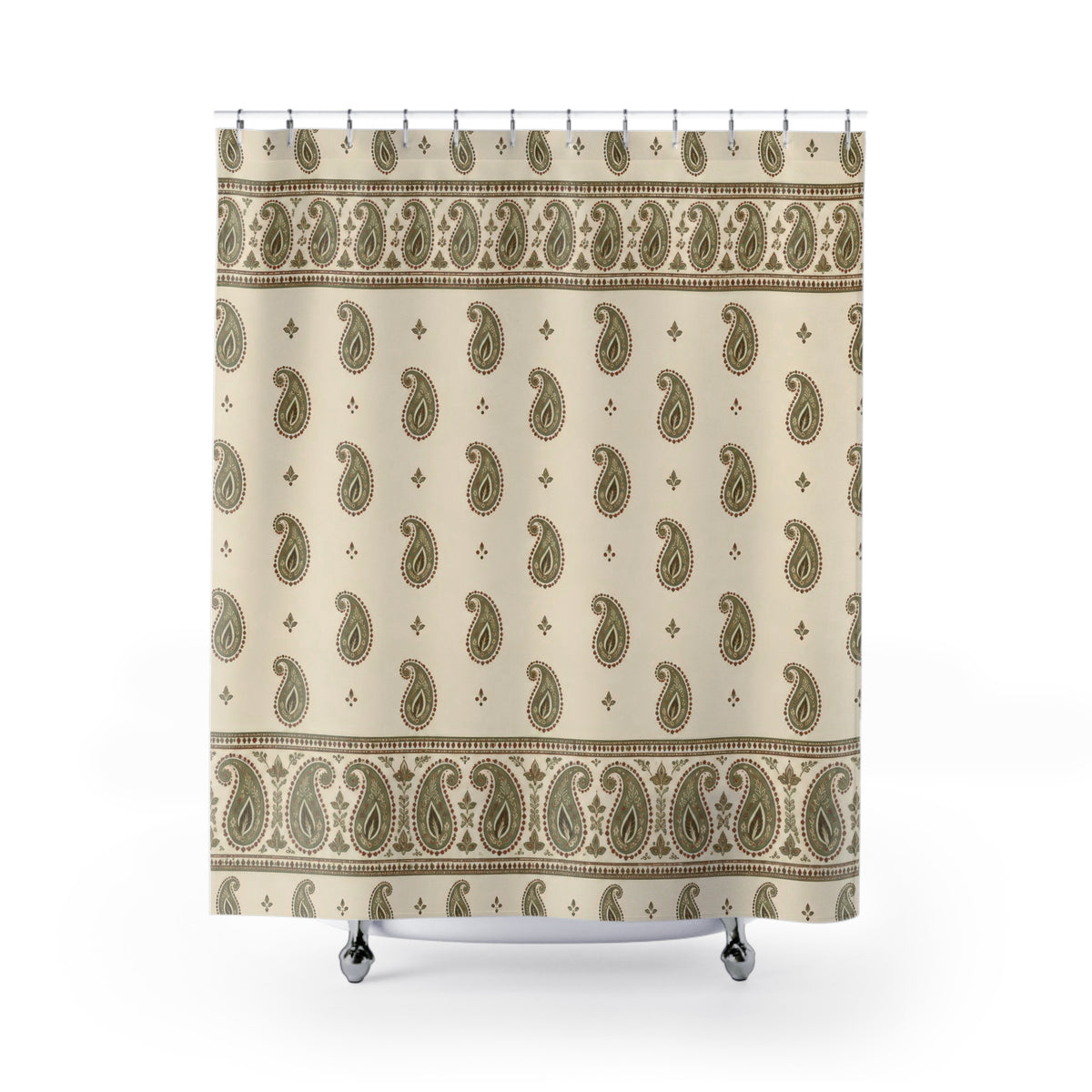 Sage paisley borders and rust outlines on cream shower curtain with full front view