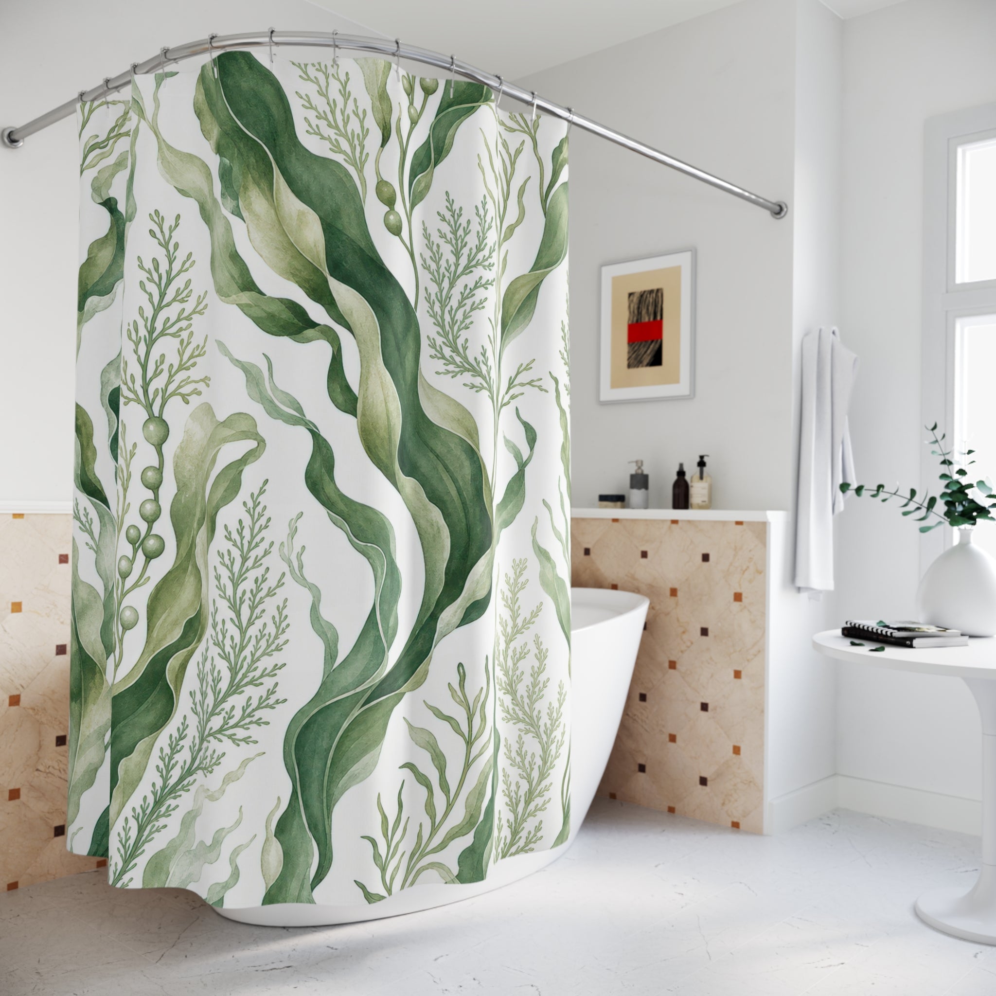 Green White Watercolor Seaweed Shower Curtain