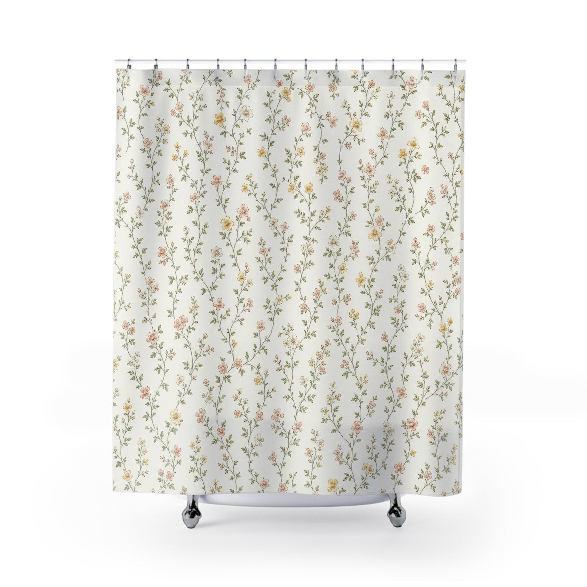 Tiny Leaf Sprig green botanical shower curtain with full front view