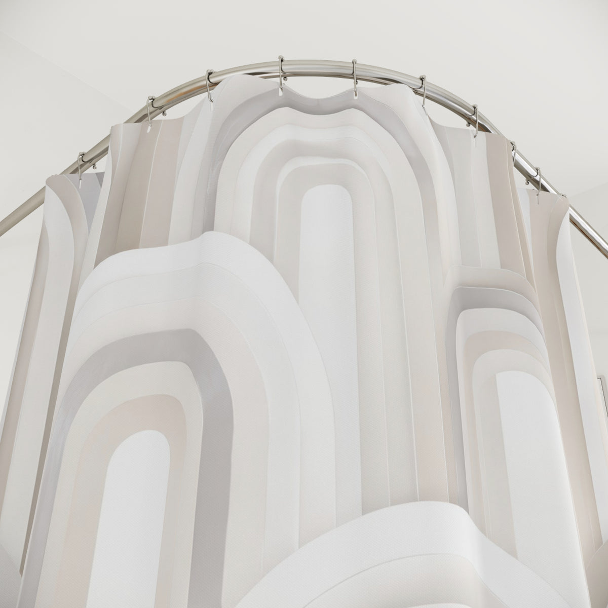 Layered white and ivory nested arches with pearl-gray edges shower curtain with close-up print, hooks, and folds