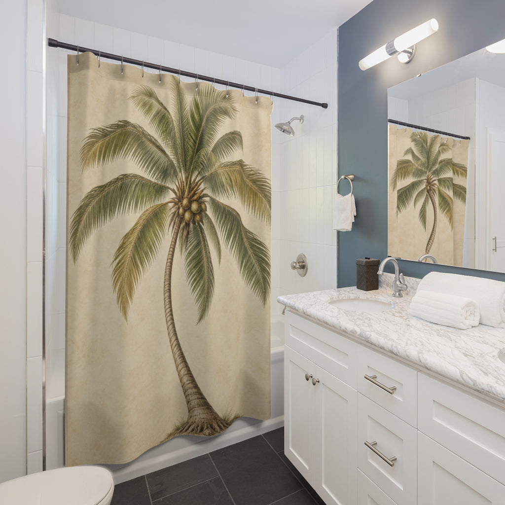 Olive coconut palm and sepia trunk on warm cream shower curtain beside a white vanity