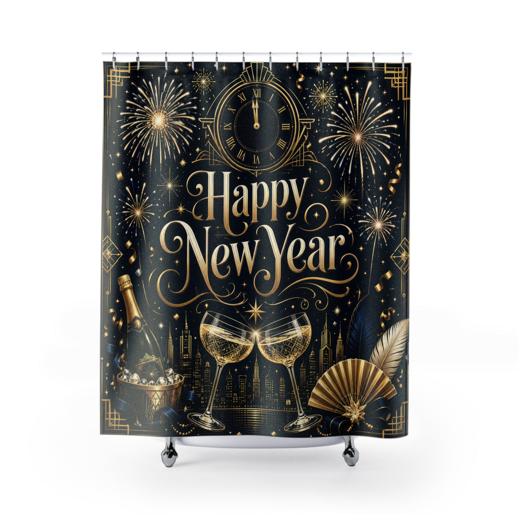 New Year Shower Curtain: Black Gold Deco