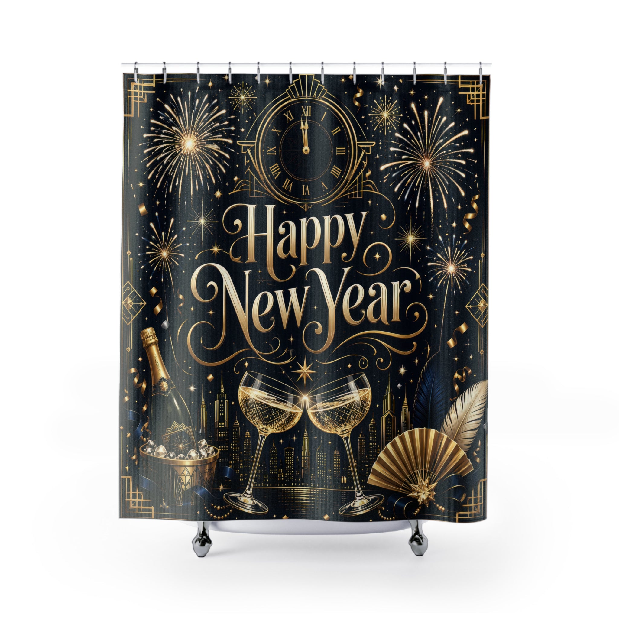 New Year Shower Curtain: Black Gold Deco