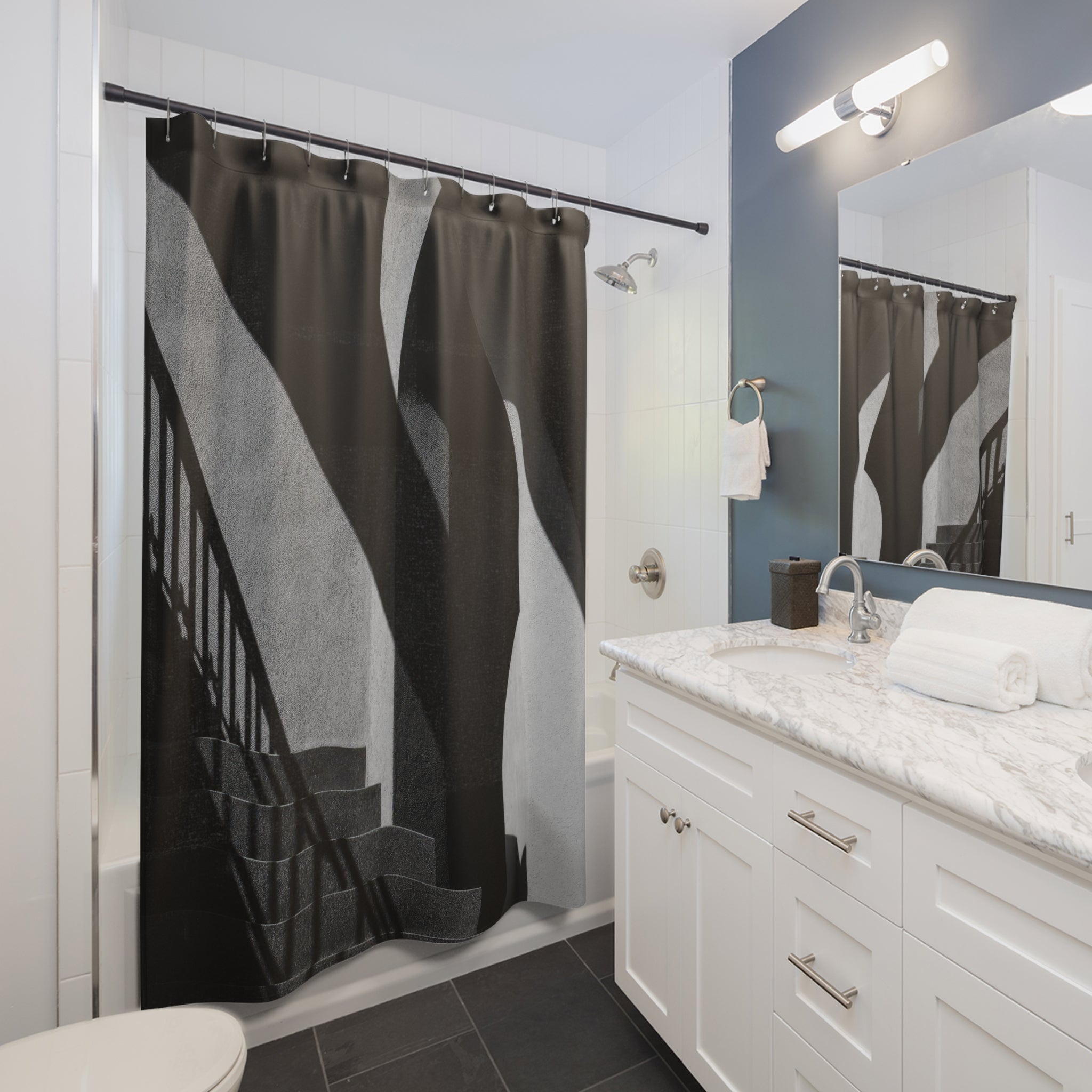 Black White Shower Curtain, Architectural Bath Decor, Modern Stair Arch Pattern, Graphic Guest Bathroom Decor, Urban Style, Monochrome Style