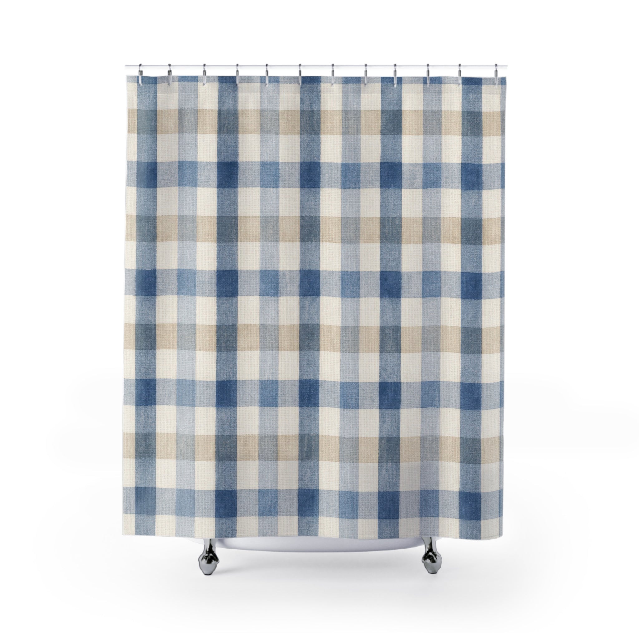 Blue White Farmhouse Check Shower Curtain