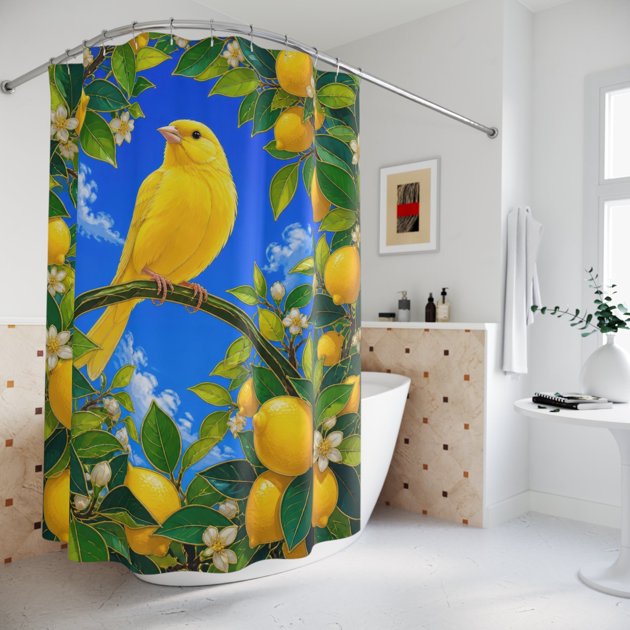 Golden canary beneath lemons and blossoms on cobalt blue shower curtain beside a freestanding tub