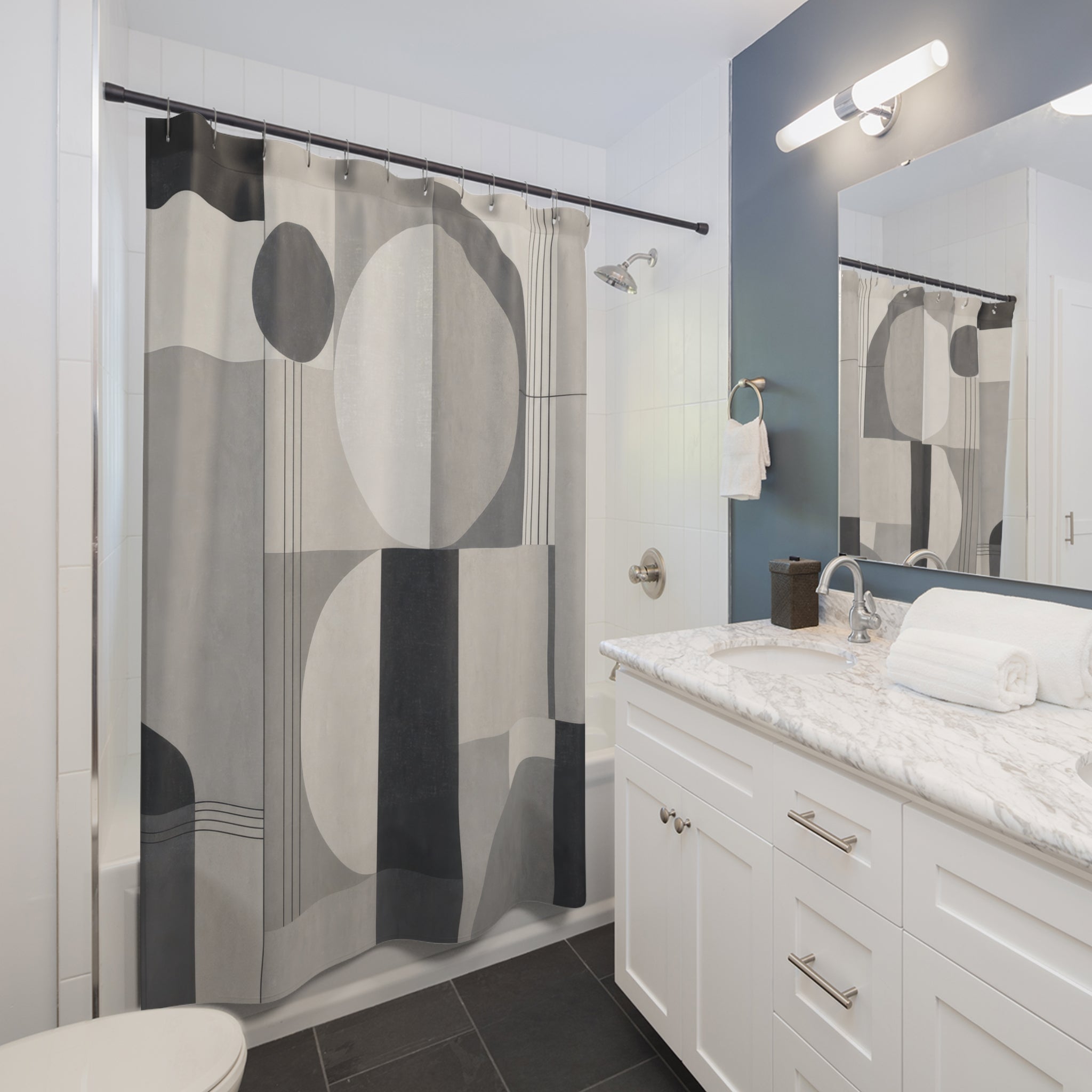 Grey Mid Century Geometric Shower Curtain