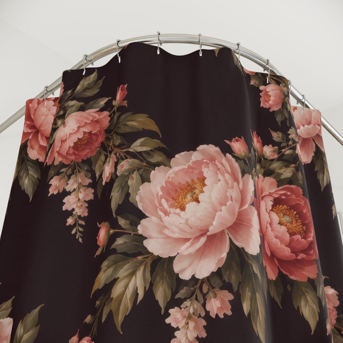 Blush and coral peony garlands on deep plum shower curtain with close-up print, hooks, and folds
