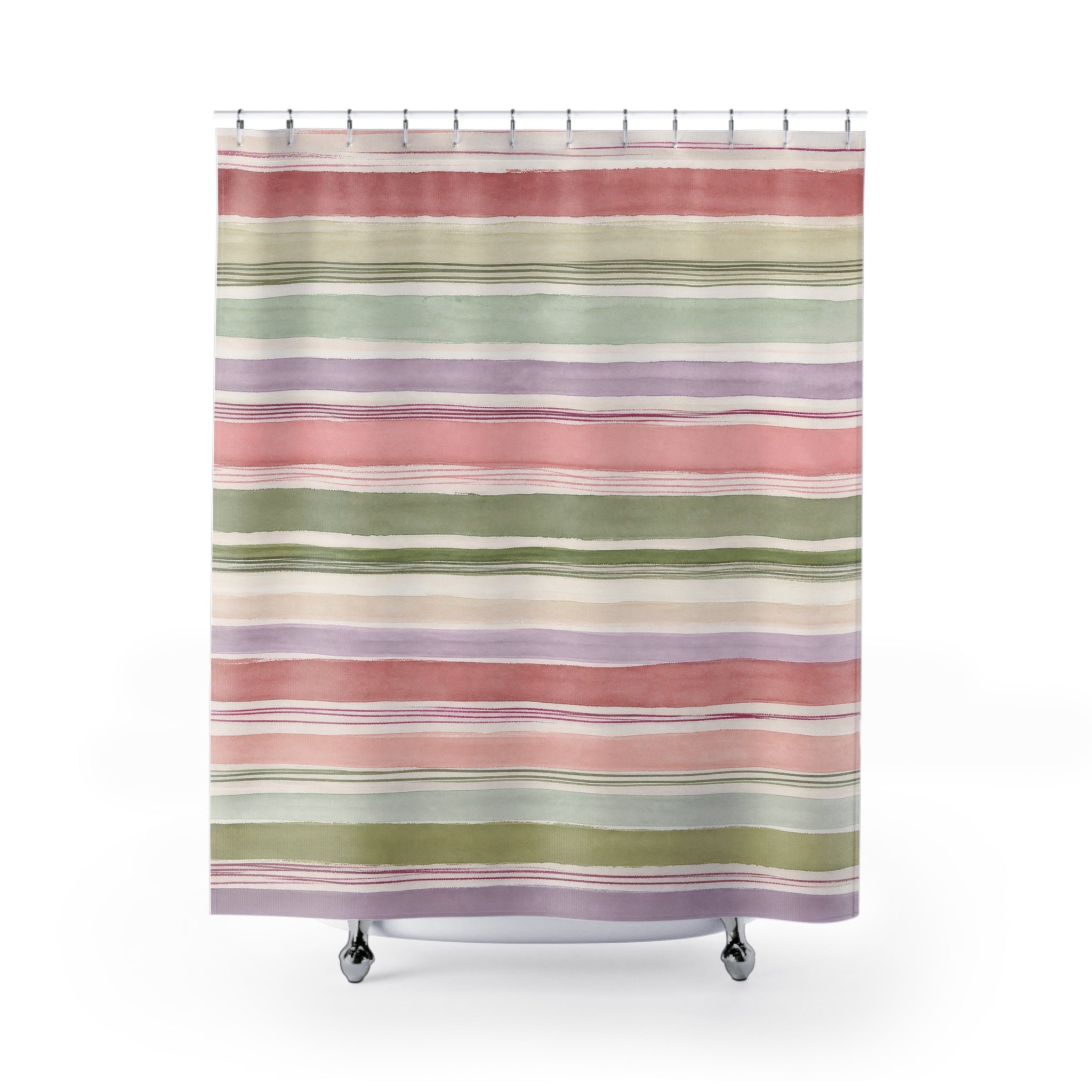Blush Sage Lavender Watercolor Stripe Shower Curtain