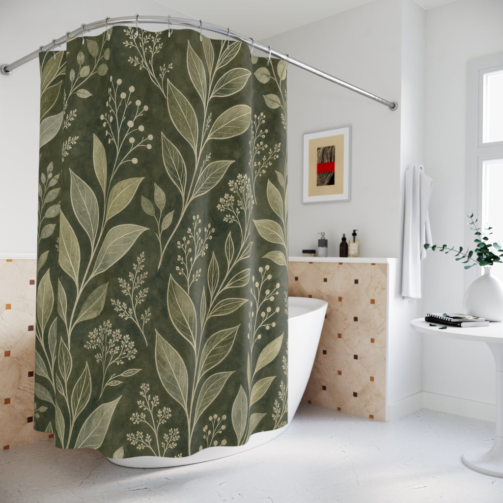 Deep Olive Leaf Print Shower Curtain