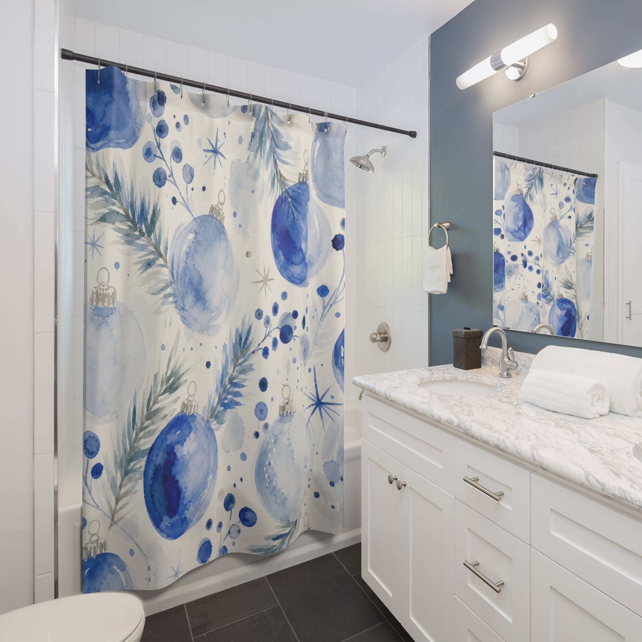 Watercolor Ornament Blue Christmas Shower Curtain